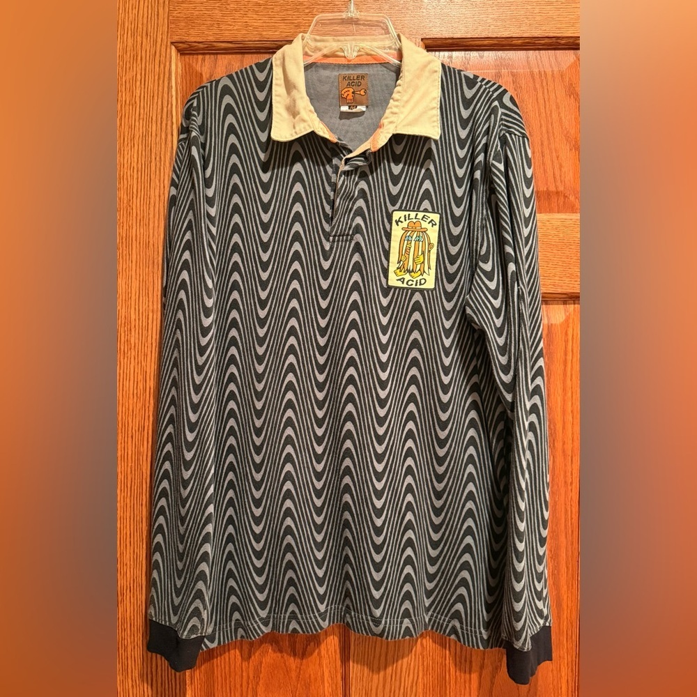 Killer Acid Mens Long Sleeve Black Swirl Polo Shirt Medium Psychedelic Pattern